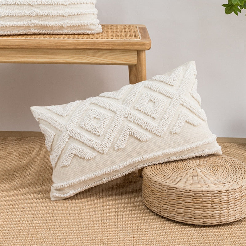 Embroidered Japandi Pillowcase | 17.72 or 19.69 in | Cotton & Linen | Soft Grey & White | Brick by Brick