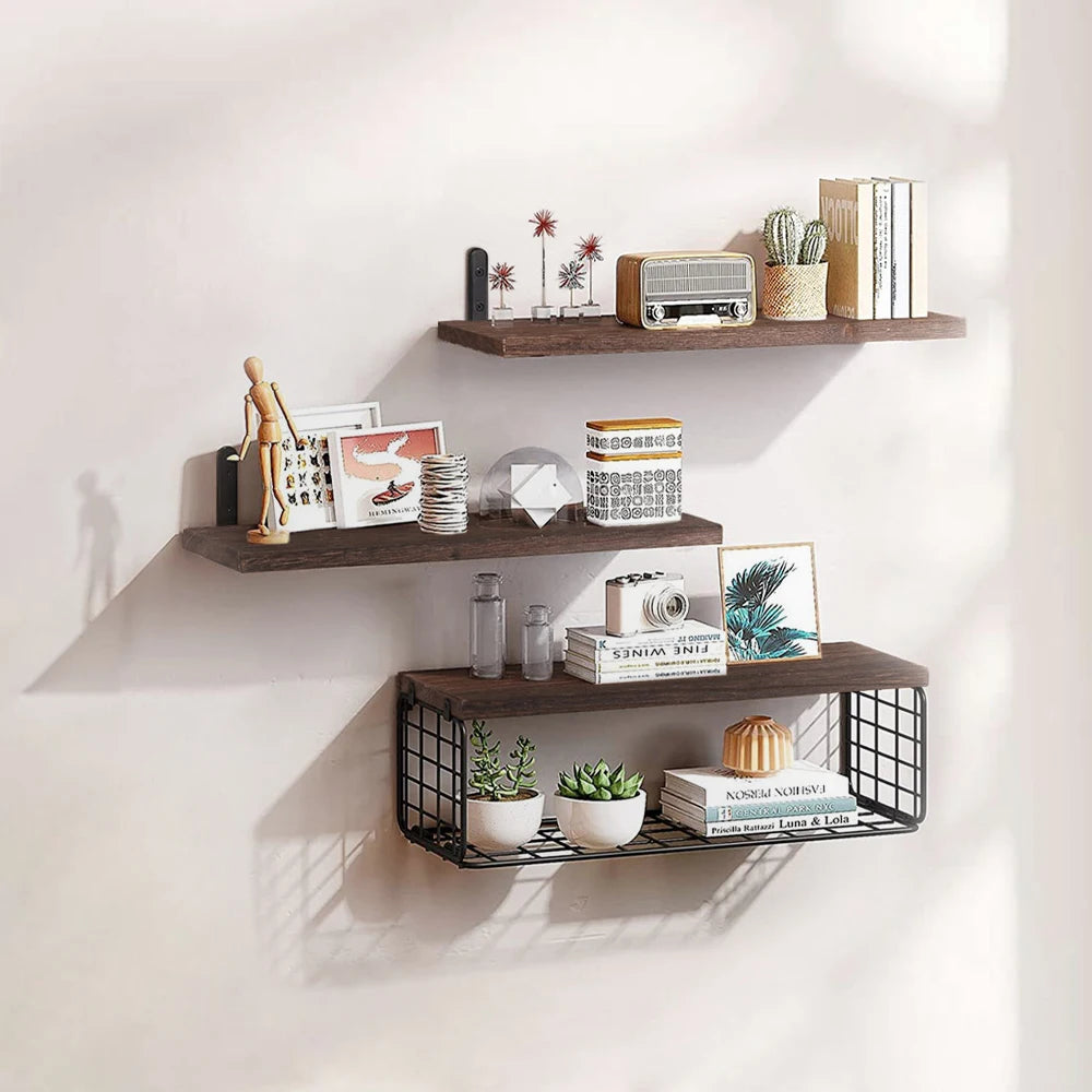 Floating Wall Shelf Set | 3-Piece Storage | Paulownia Wood | Dark Brown | Brick by Brick