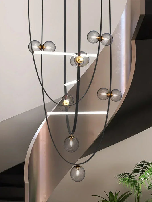 Modern Glass Ball Chandelier | Leather Strap Pendant Light | 6-Light Hanging Lamp for Dining & Living Room | Brick by Brick