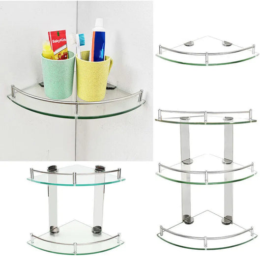Clear Glass Corner Shower Shelf | 9.8 × 9.8 in | 2 or 3 Tier | Wall Mounted Bathroom Storage | Brick by Brick