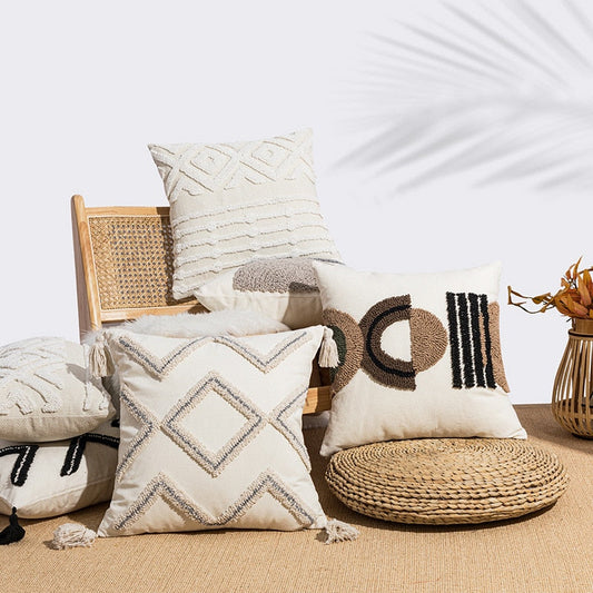 Embroidered Japandi Pillowcase | 17.72 or 19.69 in | Cotton & Linen | Soft Grey & White | Brick by Brick