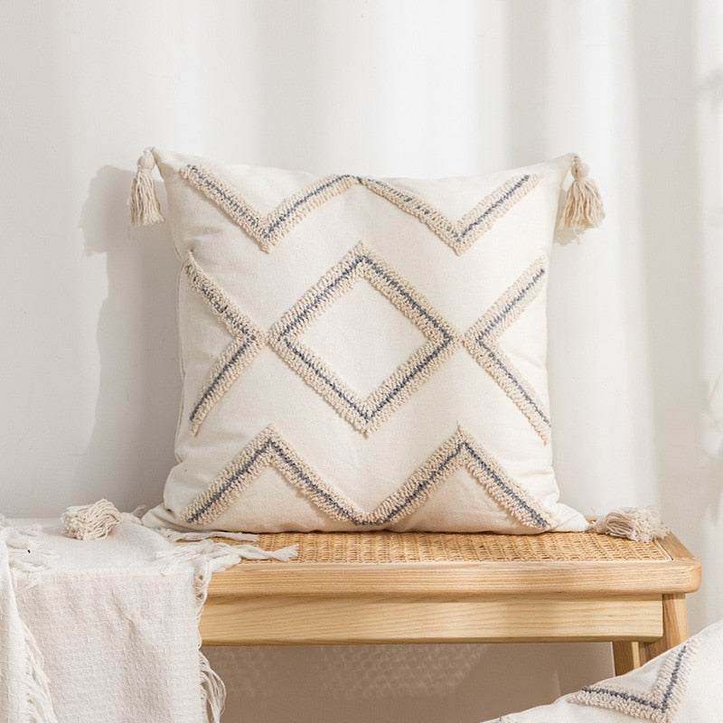 Embroidered Japandi Pillowcase | 17.72 or 19.69 in | Cotton & Linen | Soft Grey & White | Brick by Brick