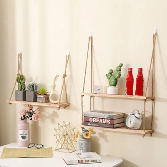 Wooden Floating Wall Shelf |11.8 × 5.9 inches | Hanging Rope Plant Display | 1/2/3-Tier Storage for Home