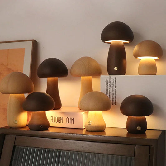 Wooden Mushroom Lamp | H4.1 - H6.5 in | USB Rechargeable | Dimmable Decorative Light | Brick by Brick