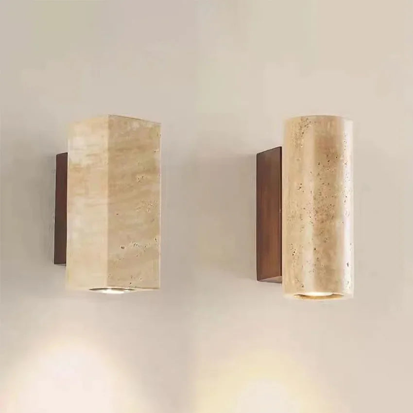 Wabi Sabi Marble Wall Lamp | 2.5 x 6.3 in | LED Bedside Sconce Light | Travertine Wood Design for Bedroom Living Room | Brick by Brick
