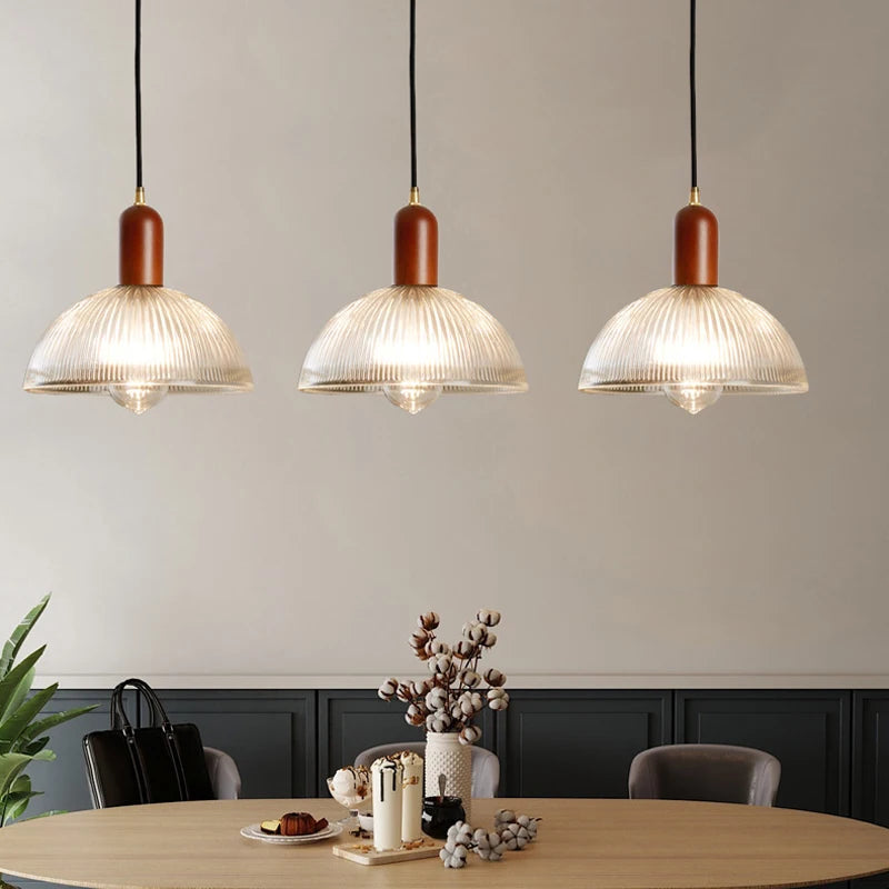 Retro Glass Pendant Light | 7.9in or 9.8in | Nordic Wood Hanging Lamp | Vintage Modern Ceiling Fixture | Brick by Brick
