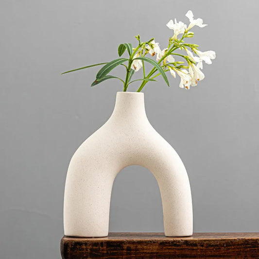 Sculptural Ceramic Flower Vase – Unique Arching Design for Modern Home Decor, Neutral Color and Sandy Texture 1