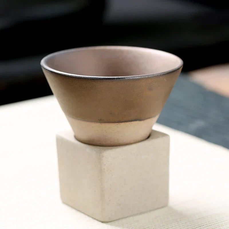 Cone‑Shaped Espresso Cup – Vintage Style Ceramic - with Stand-Brick by Brick London-Brown-Brick By Brick London