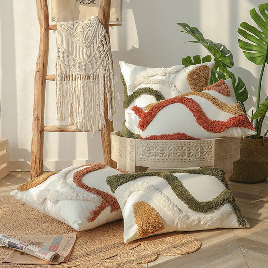 Japandi Artistic Pillow | Cotton & Linen | Beige Striped | Soft, Decorative Accent | Home & Bedroom