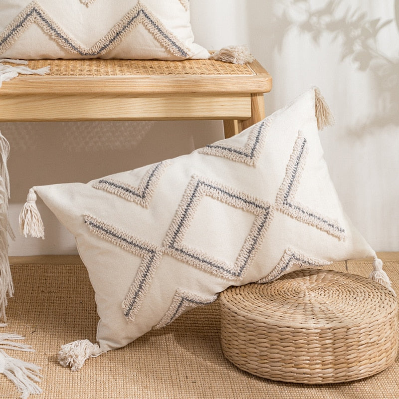 Embroidered Japandi Pillowcase | 17.72 or 19.69 in | Cotton & Linen | Soft Grey & White | Brick by Brick