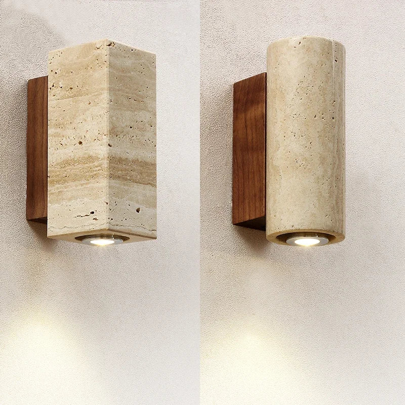 Wabi Sabi Marble Wall Lamp | 2.5 x 6.3 in | LED Bedside Sconce Light | Travertine Wood Design for Bedroom Living Room | Brick by Brick