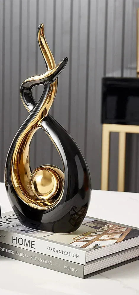 Abstract Ceramic Sculpture | Modern Decor with Gold Accents | Shelf or Desk Ornament