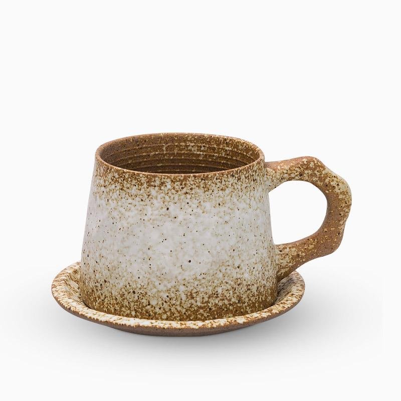 Stoneware Coffee Mug Set | 4"x3" Cup, 5" Saucer | Ceramic Cup | Free-Form Design with Ribbed Edges | Brick by Brick