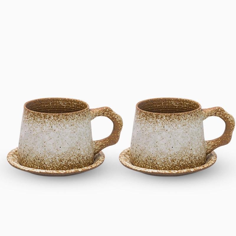 Stoneware Coffee Mug Set | 4"x3" Cup, 5" Saucer | Ceramic Cup | Free-Form Design with Ribbed Edges | Brick by Brick