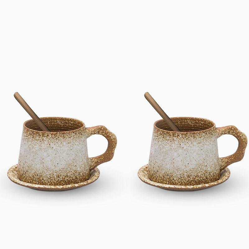 Stoneware Coffee Mug Set | 4"x3" Cup, 5" Saucer | Ceramic Cup | Free-Form Design with Ribbed Edges | Brick by Brick