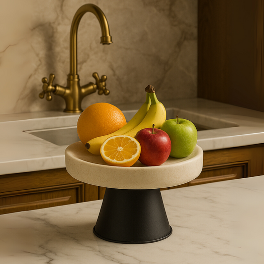 White Travertine Pedestal Stand | 6.3 x 4.3 in | Small Stone Display Riser | Black Base | Brick by Brick