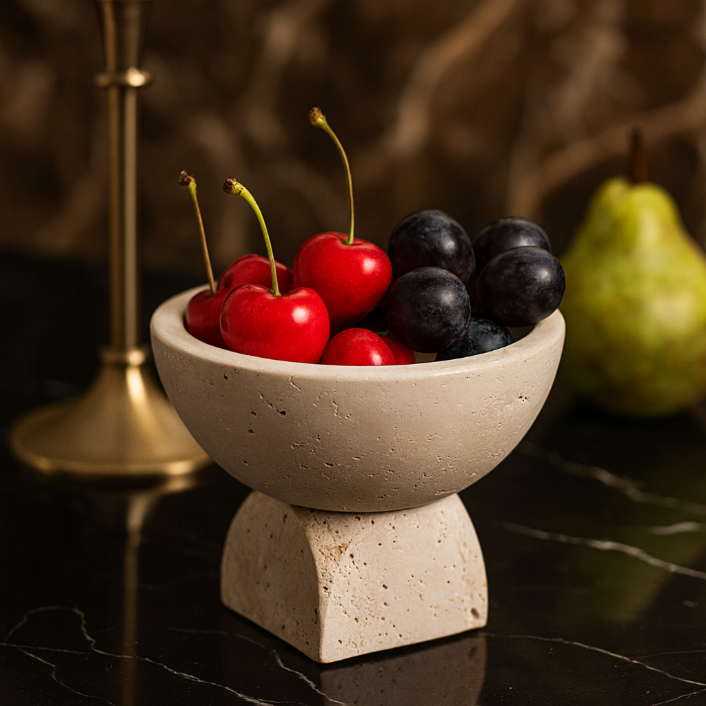 Travertine Mini Pedestal Bowl | 4.7 x 3.5 in | Small Stone Display Dish | Unique Bases | Brick by Brick
