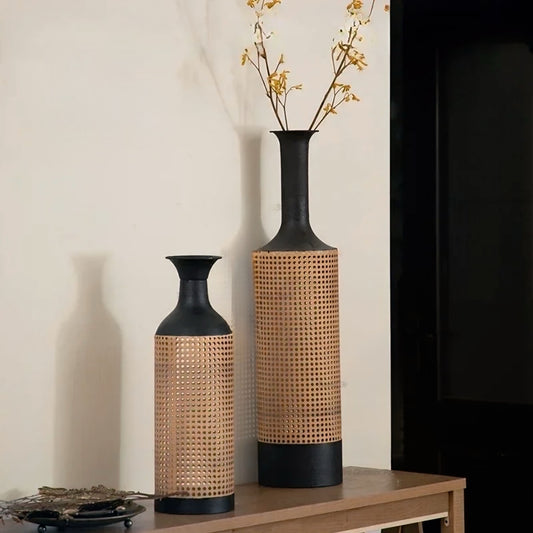 Vase Set – Matte Black Ceramic and Woven Rattan – Height 15 inches – Elegant Design for Modern and Bohemian Décor 1
