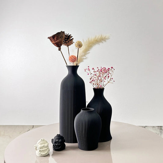 Vase Set – Ribbed Ceramic – Heights 10in, 8in, 6in – Ideal for Dried Florals or Standalone Decor 0
