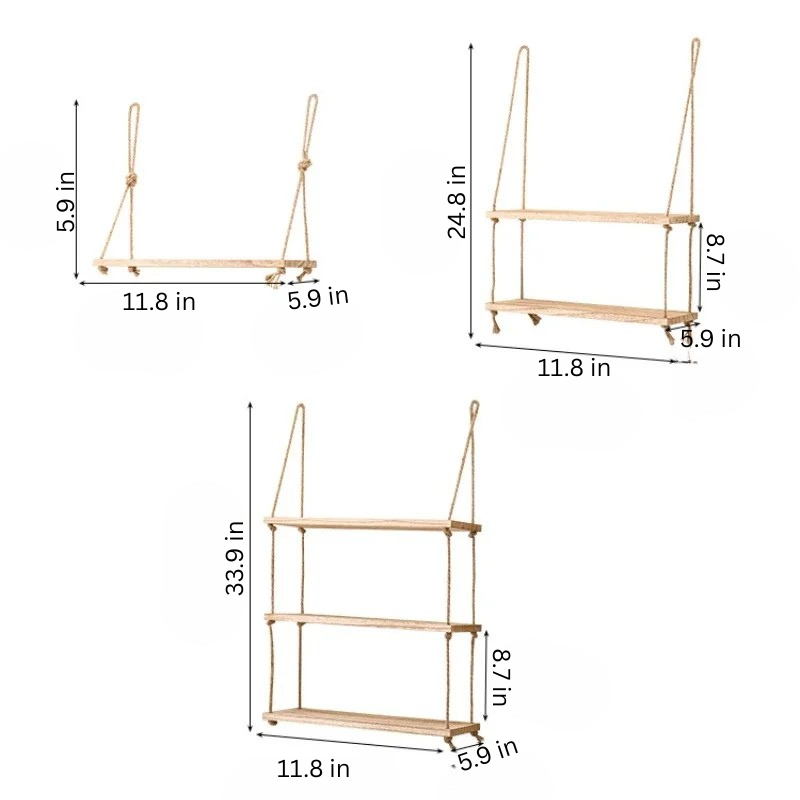 Wooden Floating Wall Shelf |11.8 × 5.9 inches | Hanging Rope Plant Display | 1/2/3-Tier Storage for Home