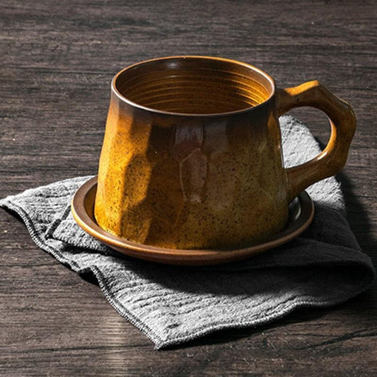 Stoneware Coffee Mug Set | 4"x3" Cup, 5" Saucer | Ceramic Cup | Free-Form Design with Ribbed Edges | Brick by Brick