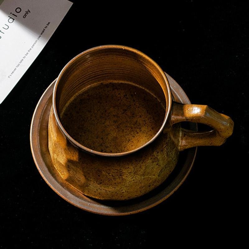 Stoneware Coffee Mug Set | 4"x3" Cup, 5" Saucer | Ceramic Cup | Free-Form Design with Ribbed Edges | Brick by Brick