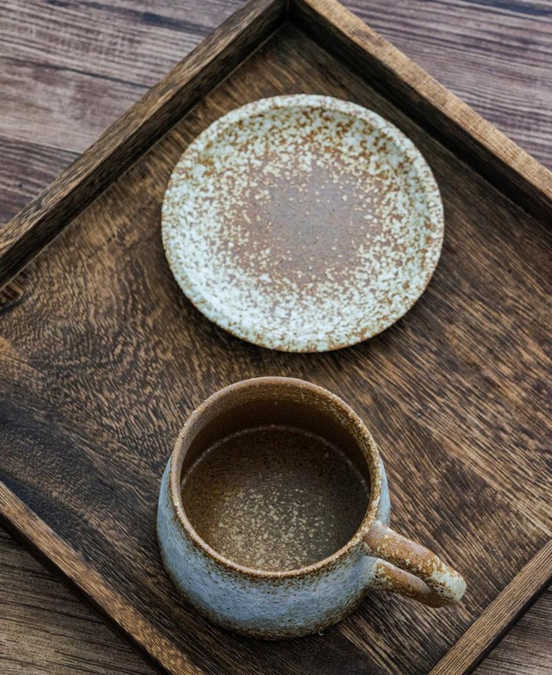 Stoneware Coffee Mug Set | 4"x3" Cup, 5" Saucer | Ceramic Cup | Free-Form Design with Ribbed Edges | Brick by Brick
