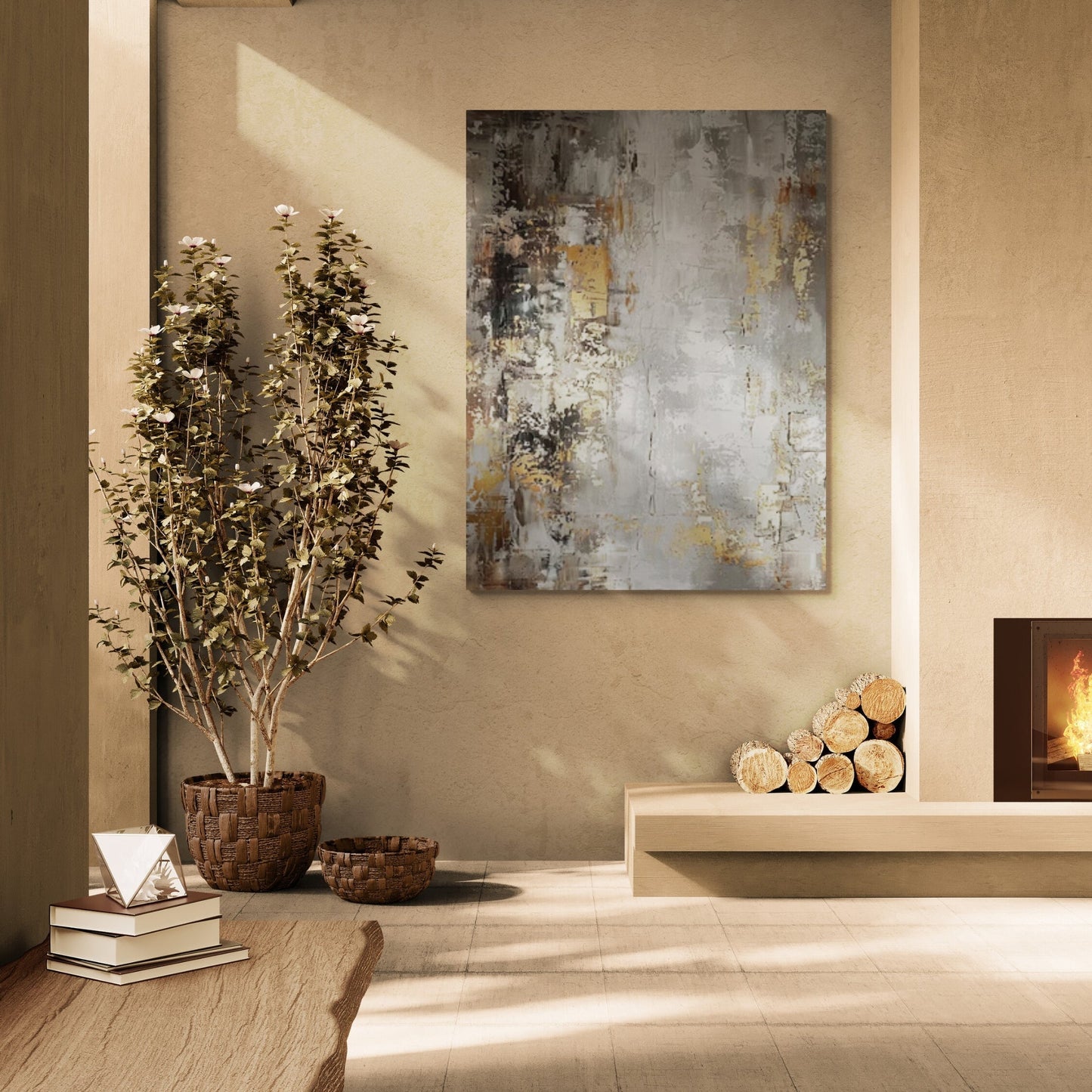 Abstract Luxe Textured Wall Art | Height 35 - 83 in | Neutral Modern Canvas Painting | Gold & Beige Accents | Brick by Brick