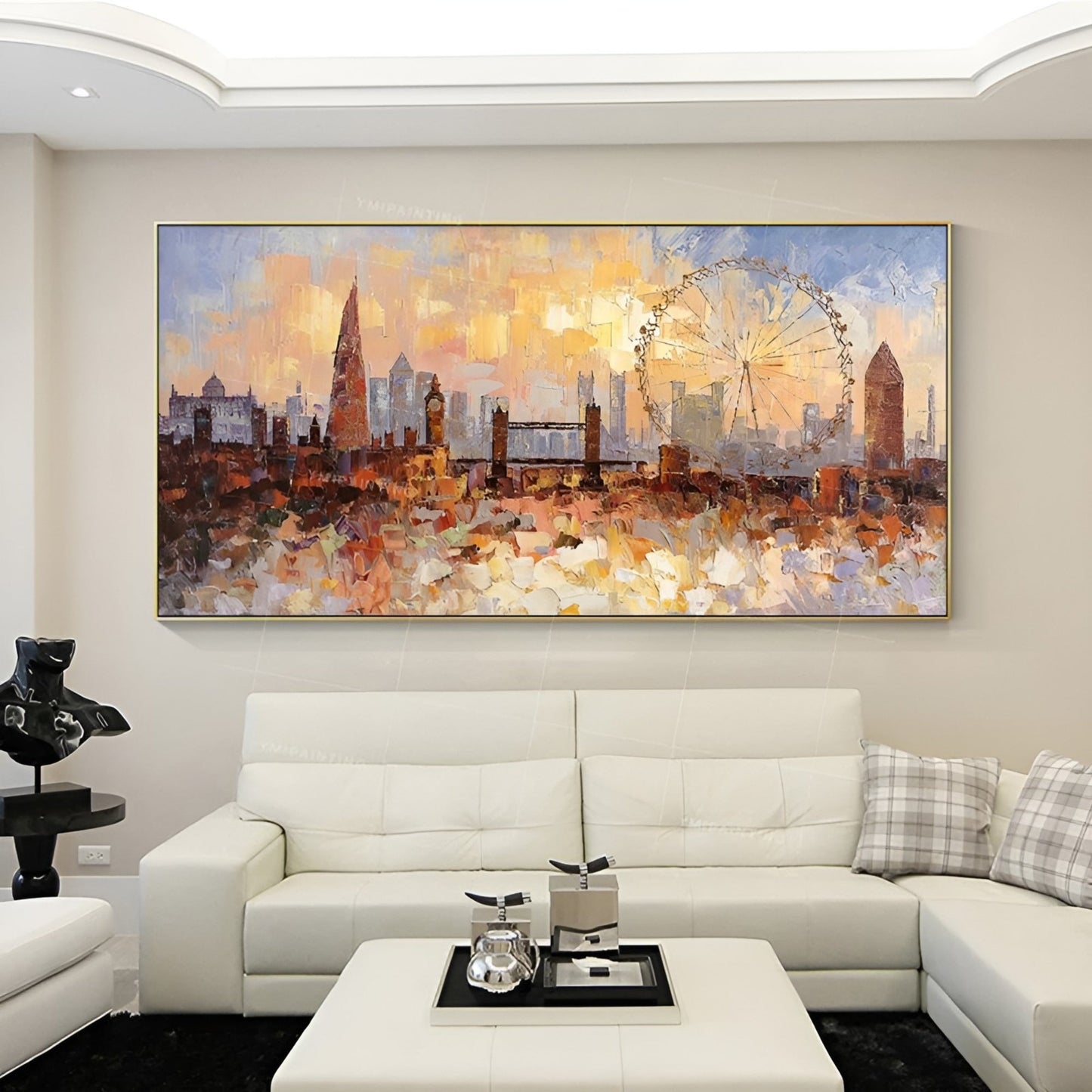 Sunset Over London Wall Art | 46 x 110 in | Textured Cityscape Painting | Iconic London Skyline at Dusk | Urban Wall Art | Brick by Brick