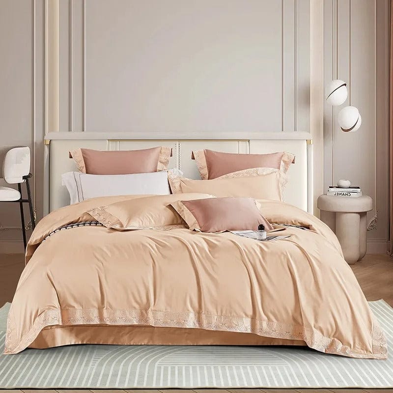 Egyptian Cotton Duvet Cover Set | 78.7 - 90.6 in | Peach Lace Trim | Soft Luxury Bedding for King & Queen Beds | Brick by Brick