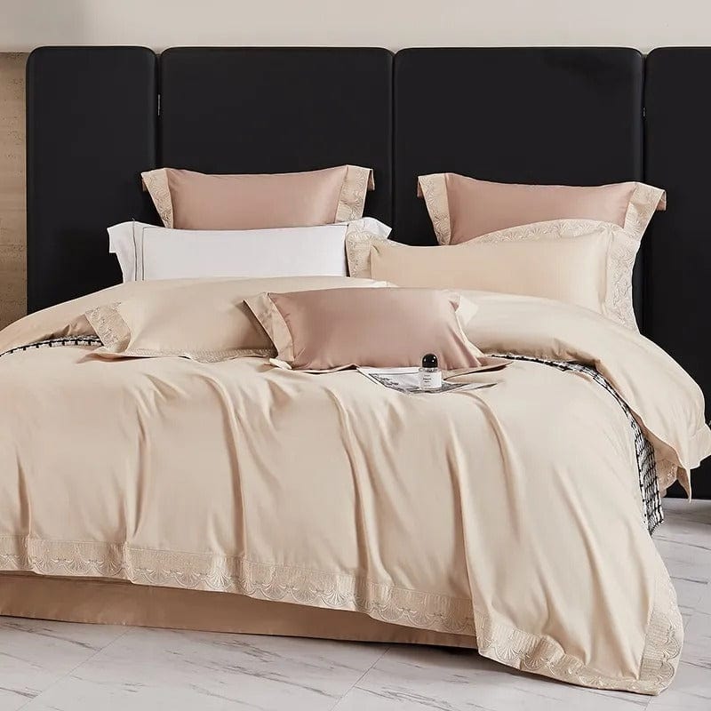 Egyptian Cotton Duvet Cover Set | 78.7 - 90.6 in | Peach Lace Trim | Soft Luxury Bedding for King & Queen Beds | Brick by Brick