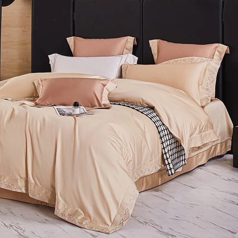 Egyptian Cotton Duvet Cover Set | 78.7 - 90.6 in | Peach Lace Trim | Soft Luxury Bedding for King & Queen Beds | Brick by Brick