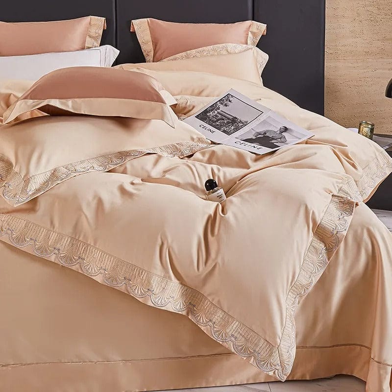 Egyptian Cotton Duvet Cover Set | 78.7 - 90.6 in | Peach Lace Trim | Soft Luxury Bedding for King & Queen Beds | Brick by Brick