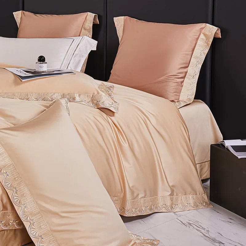 Egyptian Cotton Duvet Cover Set | 78.7 - 90.6 in | Peach Lace Trim | Soft Luxury Bedding for King & Queen Beds | Brick by Brick