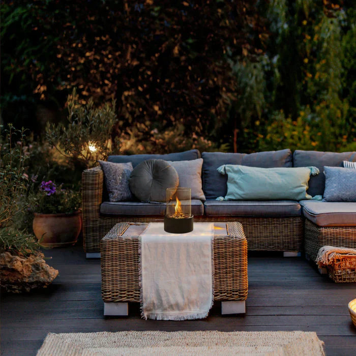 Portable Flame Table Lantern | Gas-Powered with Black Metal & Glass | Indoor & Outdoor Ambience