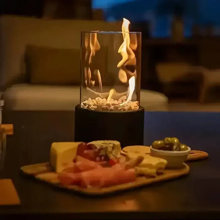 Portable Flame Table Lantern | Gas-Powered with Black Metal & Glass | Indoor & Outdoor Ambience