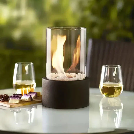 Portable Flame Table Lantern | Gas-Powered with Black Metal & Glass | Indoor & Outdoor Ambience