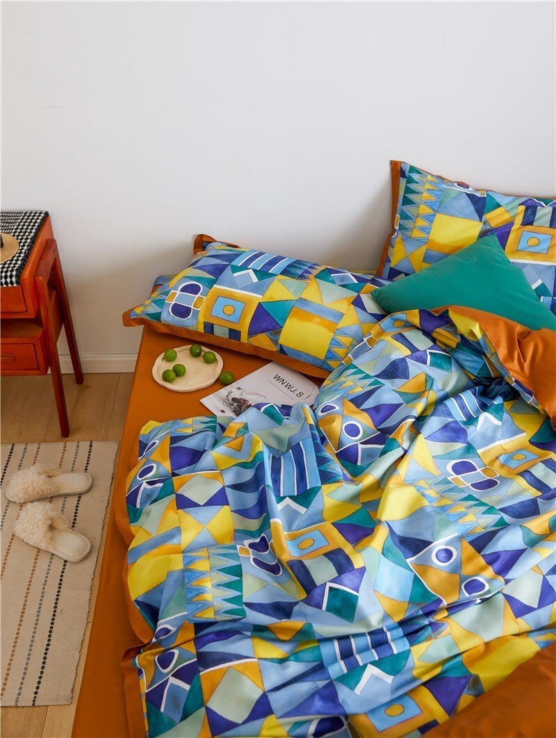 Modern Geometric Bedding Set | 78.7 - 90.6 in | Egyptian Cotton Duvet Cover | Warm Turmeric and Cool-Tone Design | Brick by Brick
