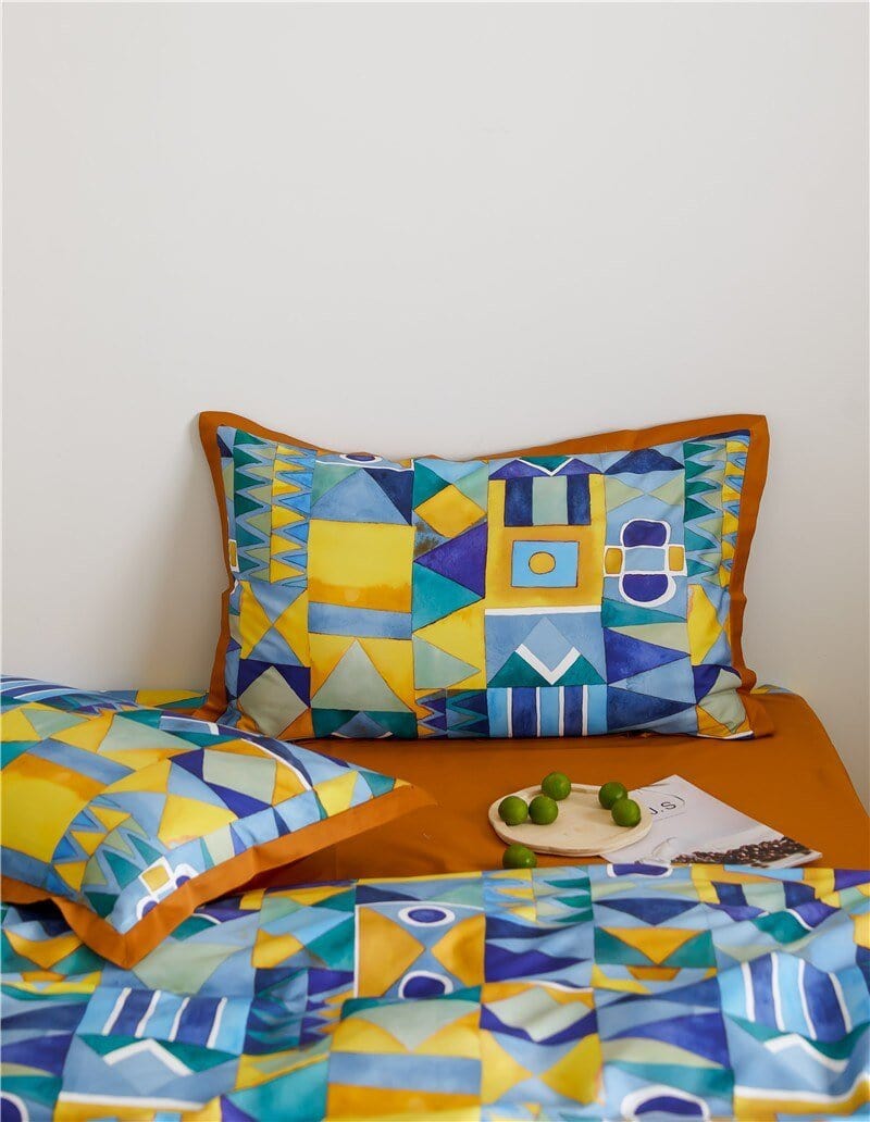 Modern Geometric Bedding Set | 78.7 - 90.6 in | Egyptian Cotton Duvet Cover | Warm Turmeric and Cool-Tone Design | Brick by Brick