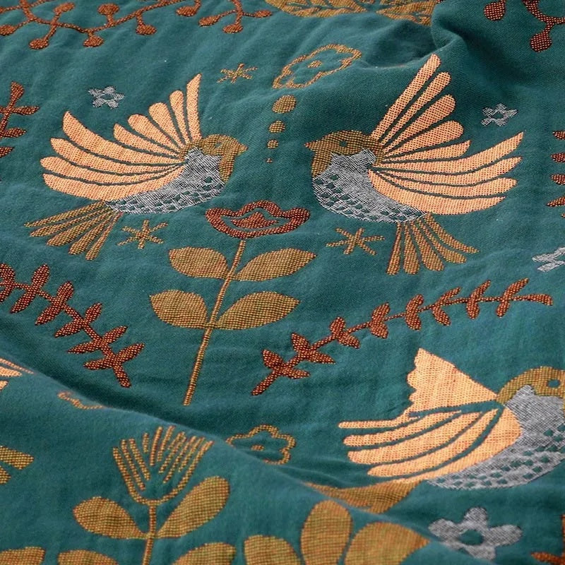 Reversible Throw Blanket | Scandinavian Bird Motif | Teal & Cream | Fringed Decorative Sofa & Bed Cover | Brick by Brick