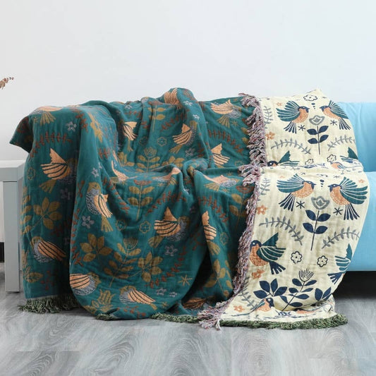 Reversible Throw Blanket | Scandinavian Bird Motif | Teal & Cream | Fringed Decorative Sofa & Bed Cover | Brick by Brick