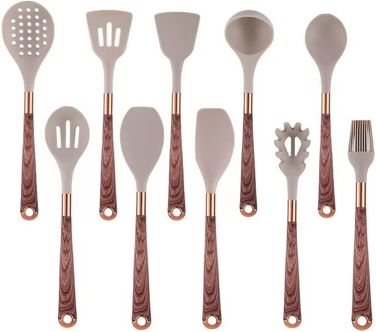Silicone Cooking Utensil Set | 10 Pieces with Gold & Wood Design | Nonstick Safe Tools | Brick by Brick