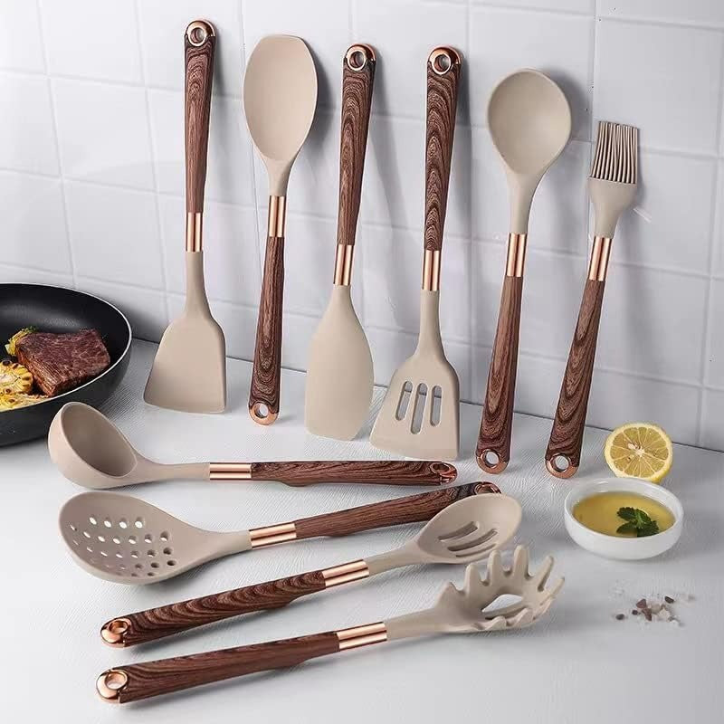 Silicone Cooking Utensil Set | 10 Pieces with Gold & Wood Design | Nonstick Safe Tools | Brick by Brick