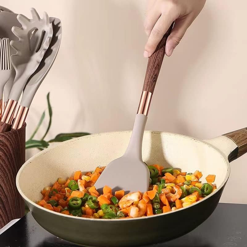 Silicone Cooking Utensil Set | 10 Pieces with Gold & Wood Design | Nonstick Safe Tools | Brick by Brick