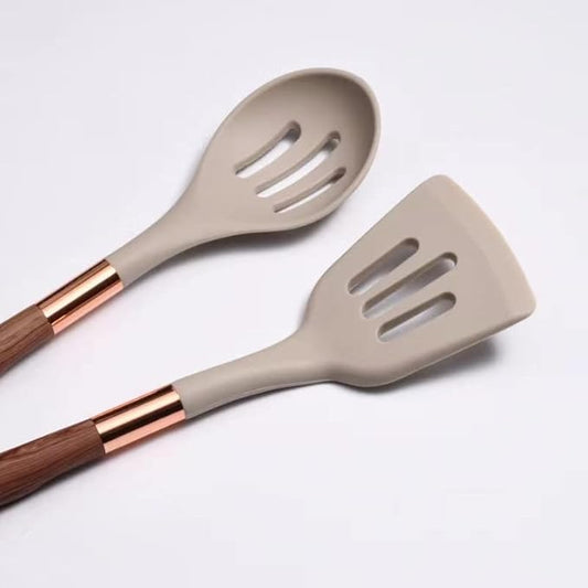 Silicone Cooking Utensil Set | 10 Pieces with Gold & Wood Design | Nonstick Safe Tools | Brick by Brick