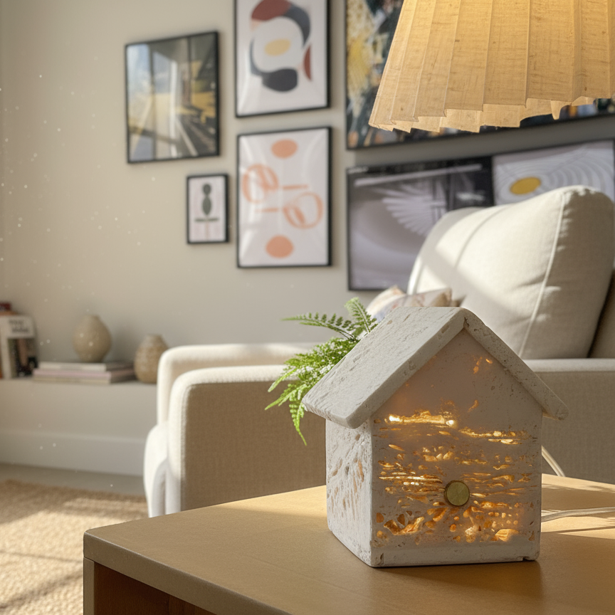 Marble House Table Lamp | 3.5 × 3.1 in | Solid Marble Accent Lighting | Sculptural Stone Glow | Brick by Brick