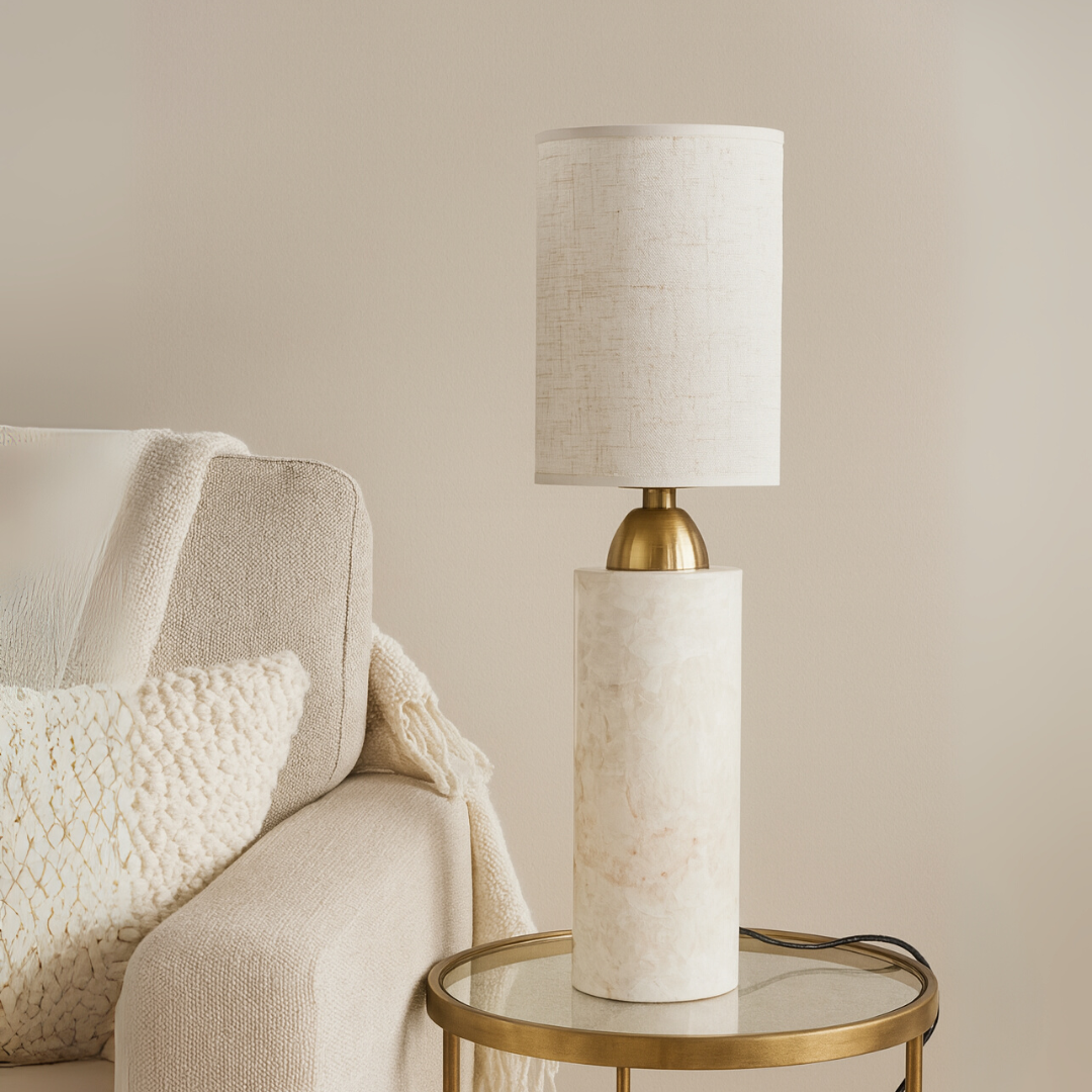 Celestia Marble Table Lamp | 3.9 × 18.5 in | Cylindrical Stone Base | Linen Shade | Brick by Brick