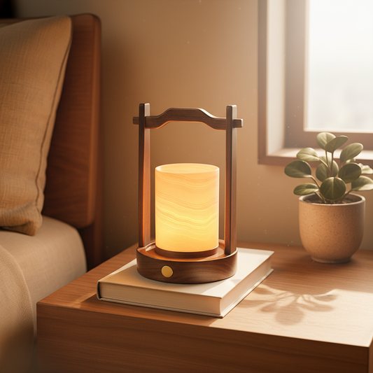 Marble Lantern Lamp | Solid Marble Cylinder | Wooden Frame | Warm Ambient Lighting | Brick by Brick