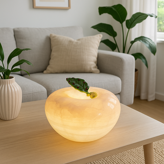 Marble Apple Lamp | 4.3 × 4.3 × 3.1 in | Solid Stone | Enamel Leaf Accent | Brick by Brick