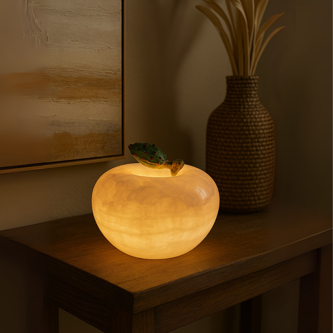 Marble Apple Lamp | 4.3 × 4.3 × 3.1 in | Solid Stone | Enamel Leaf Accent | Brick by Brick